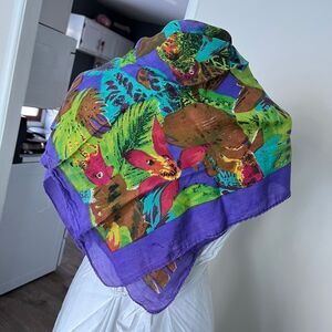 VTG Tropical Parrot Print Cotton Scarf Purple Border Lightweight 36x36